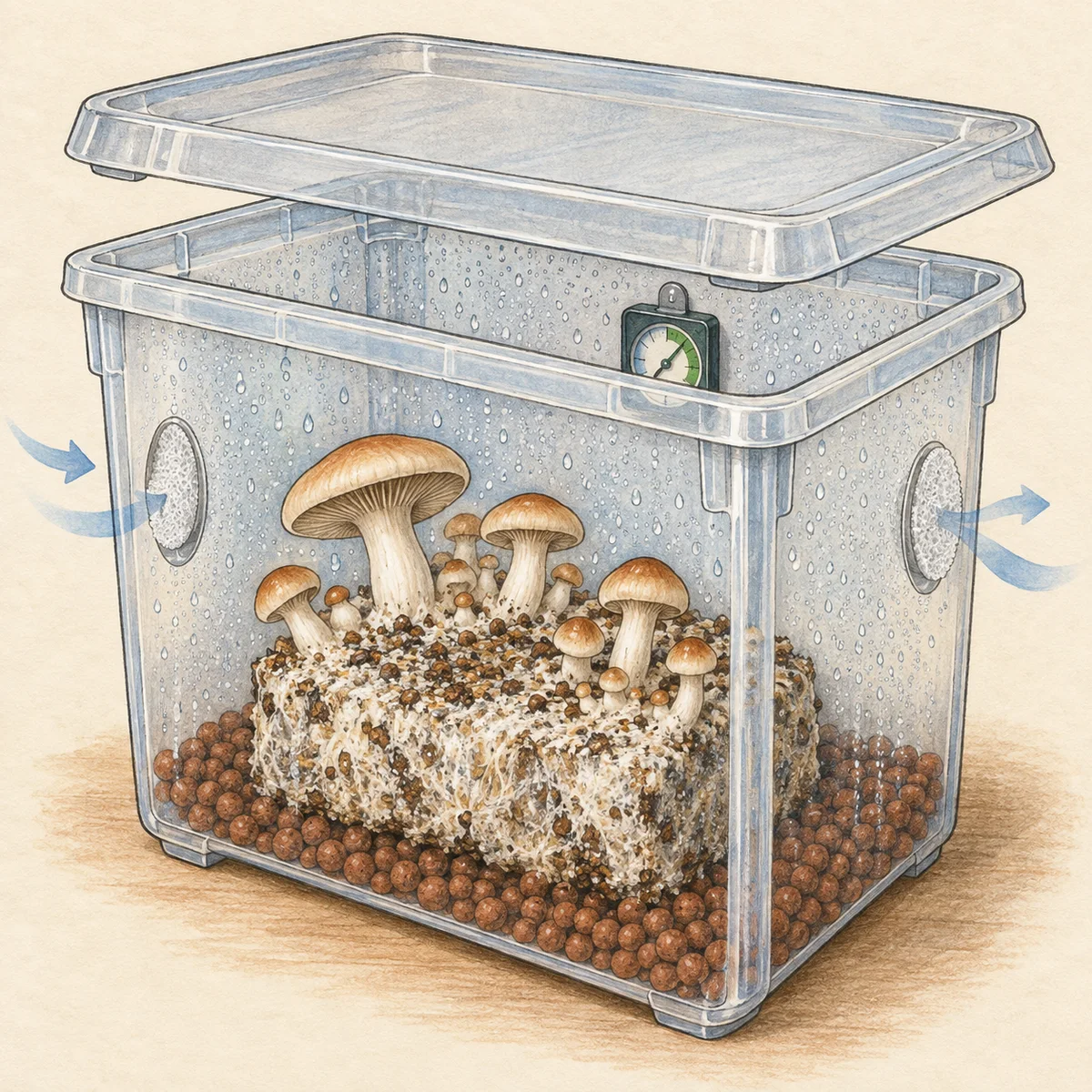Gezeichnete transparente Fruchtungskammer mit Pilzblock, Feuchtepuffer, Luftöffnungen und Hygrometer.