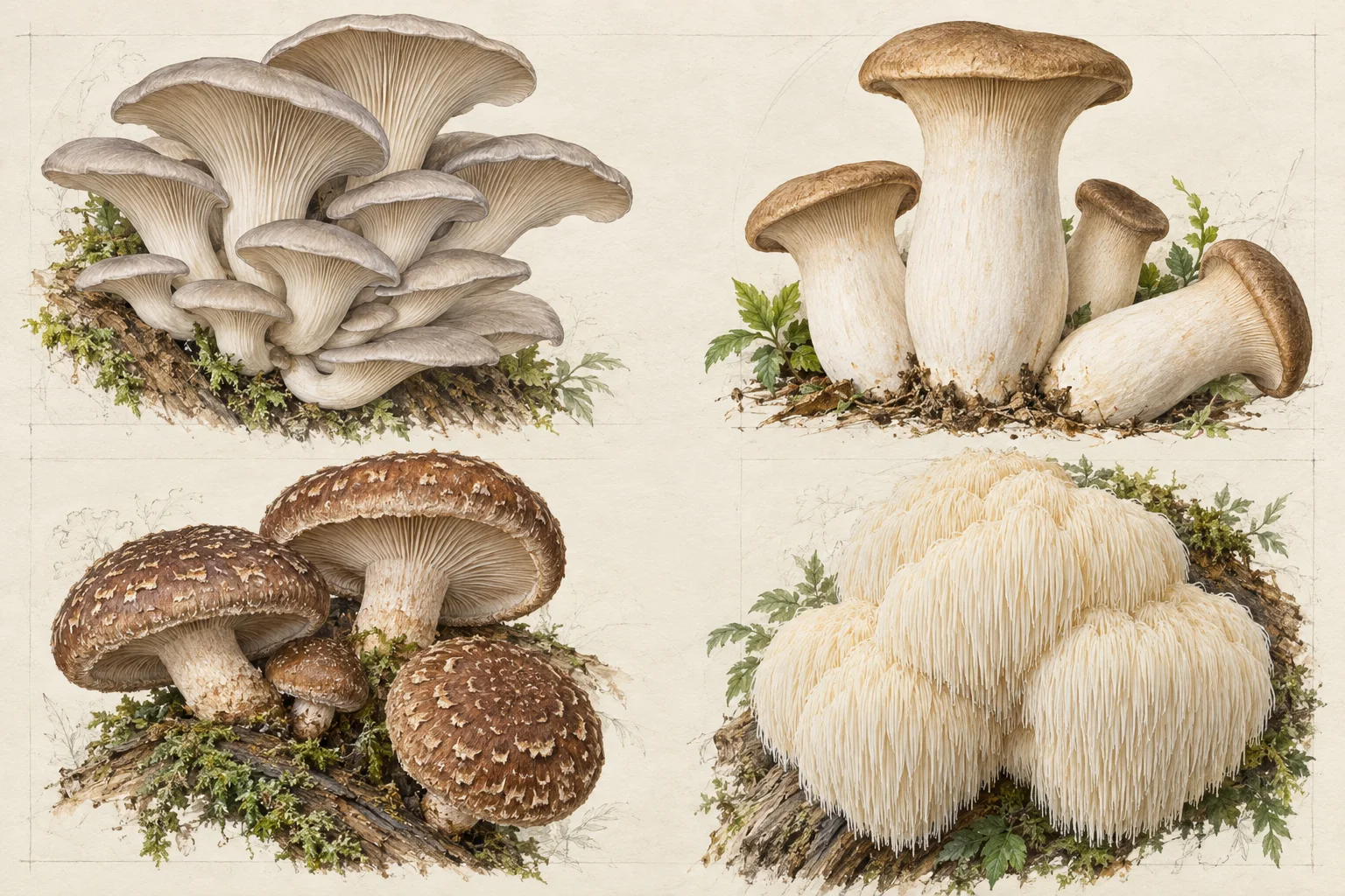 Botanische Zeichnung verschiedener kultivierbarer Speisepilze