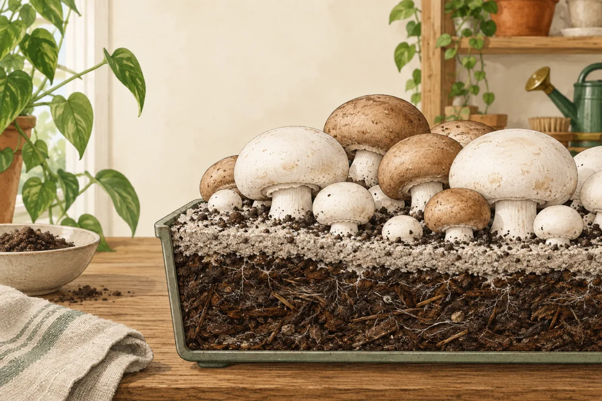 Gezeichnete weiße und braune Champignons in einer Kultur mit Deckerde