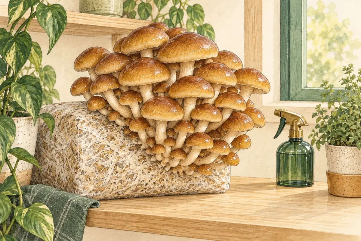 Gezeichnete Nameko mit bernsteinfarbenen glänzenden Hüten an einem Substratblock