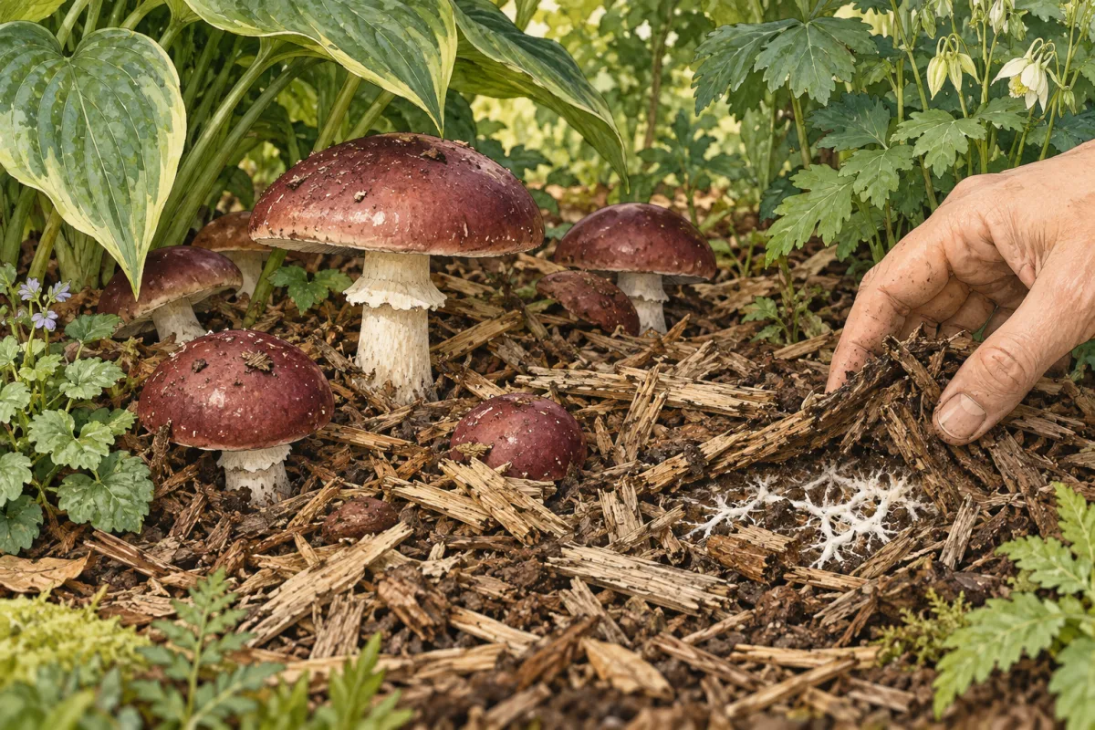 Gezeichneter Kulturträuschling in einem schattigen Holzchipsbeet