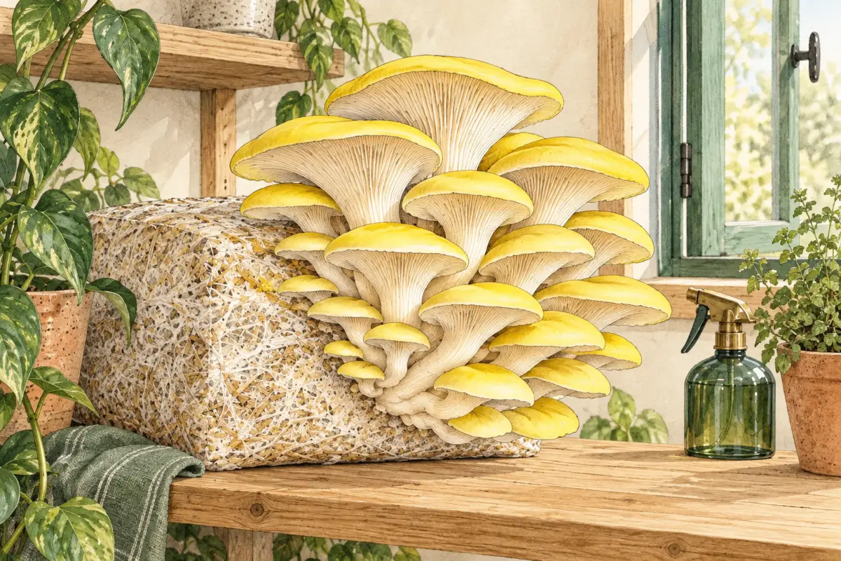 Gezeichneter Limonenseitling mit gelben Hüten an einem Substratblock