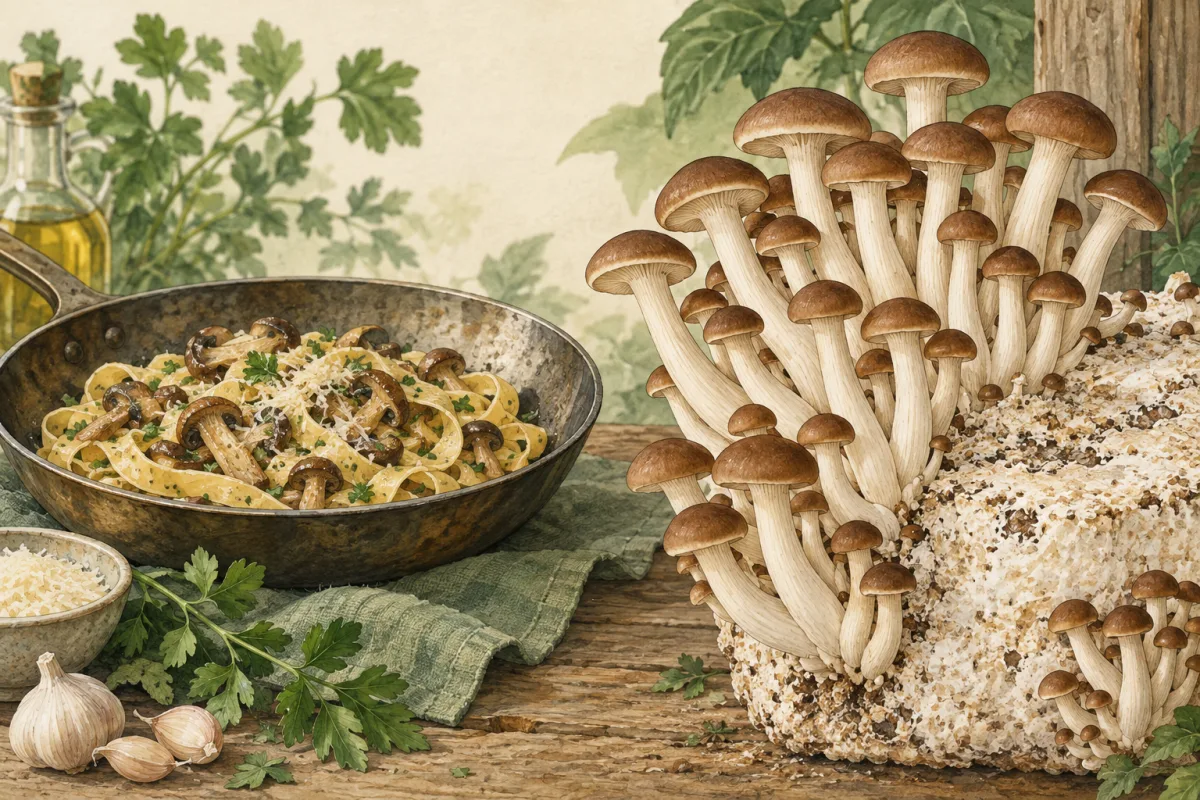 Gezeichneter Pioppino-Cluster neben einer Pilz-Pasta