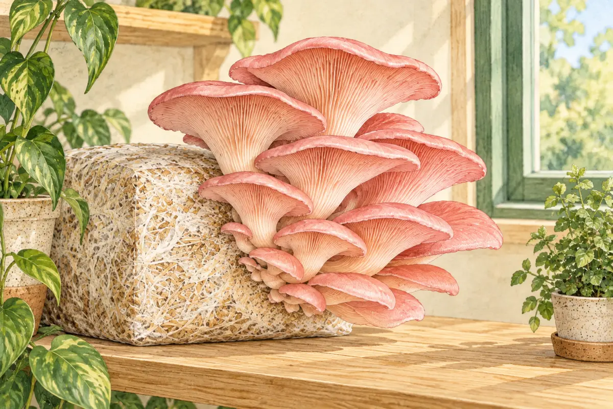 Gezeichneter Rosenseitling mit korallrosa Hüten an einem Substratblock