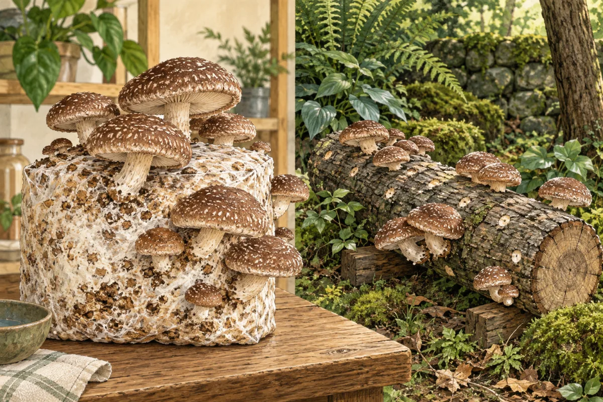Gezeichnete Shiitake auf einem Innenblock und einem Laubholzstamm